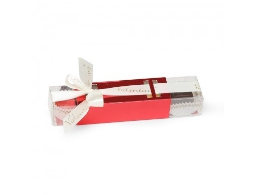 CUTIE MINI TRANSPARENTĂ CU 4 PRALINE DIN CIOCOLATĂ BELGIANĂ VALENTINO